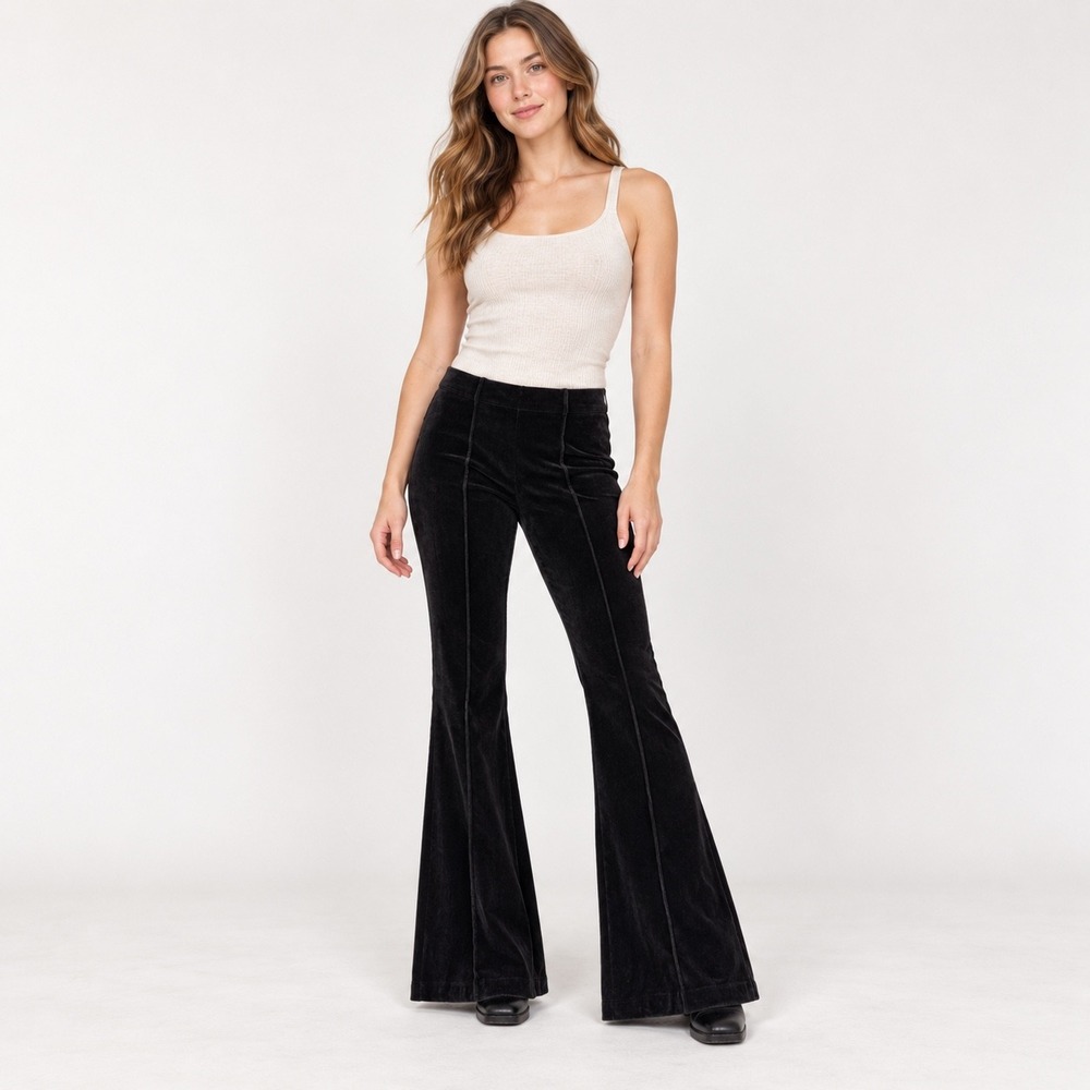 Hunter & Brown Black Velvet Corduroy Flare Leg Pants Women's Size Medium